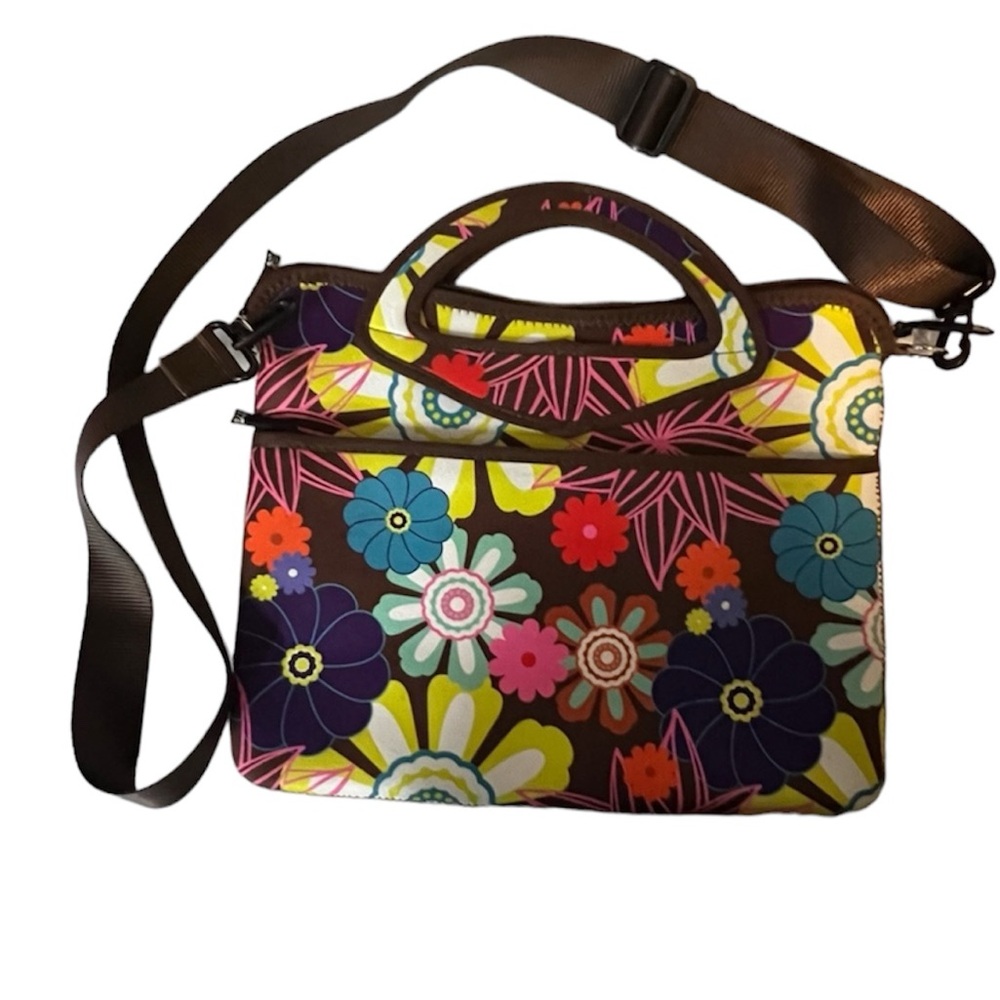 ie Laptop Computer Messenger Travel Bag Brown Floral Colorful Blue Interior